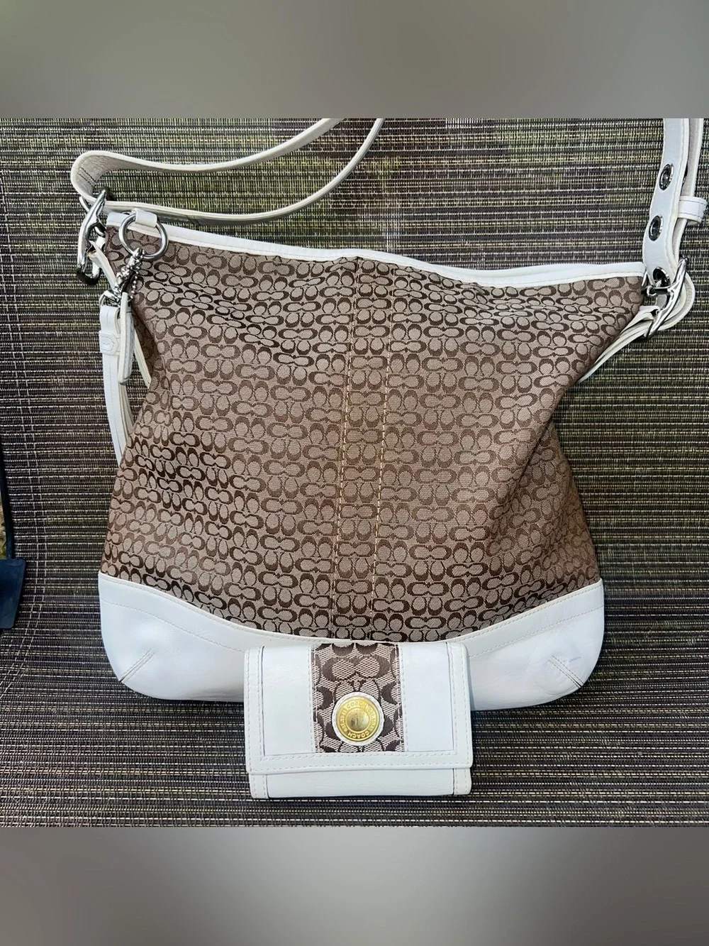 Y2K Vintage Coach F10416 Signature Monogram Jacquard Shoulder Bag White Leather